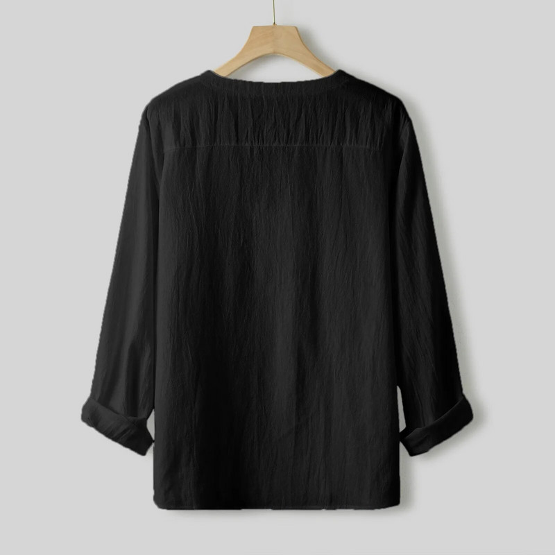 Vintage vászonutánzatú férfi lélegző, alkalmi hosszú ujjú túlméretes felsők nyári V nyakú bohó stílusú férfi ingek 의류 Кофта