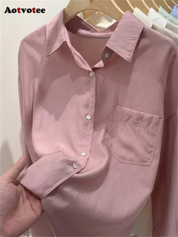 Aotvotee Μακρυμάνικη Γυναικεία Μπλούζα 2023 Νέα Μόδα Ανοιξιάτικη Casual Μονόστηθο Γυναικεία Πουκάμισο Κομψό πουκάμισο γιακά Φαρδιά μπλουζάκια