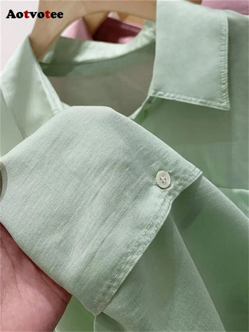 Aotvotee Блуза с дълъг ръкав Дамска нова мода 2023 г. Пролетна ежедневна едноредна дамска риза Шик с отложена яка Свободни топове