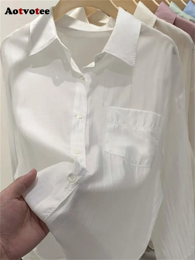 Aotvotee Блуза с дълъг ръкав Дамска нова мода 2023 г. Пролетна ежедневна едноредна дамска риза Шик с отложена яка Свободни топове