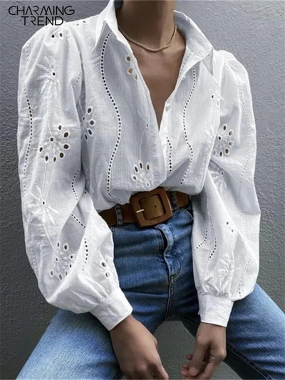 Блуза Charmingtrend Дамска риза с дълги ръкави, дамска мода, елегантни горнища с бродерия Дамска ежедневна офис дамска блуза