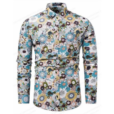 Мъжка риза Oversized Social Vintage Casual Fashion Harajuku Luxury Clothing Vacation Long Sleeve Flower Ethnic Customs Camisa