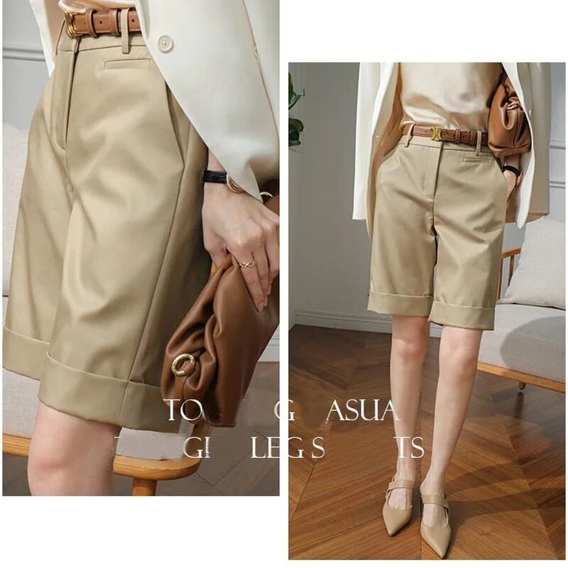 Női nyári rövidnadrág, magas derékú, térdig érő egyenes nadrág övvel Office Khaki fehér fekete alkalmi rövid nadrág női divat