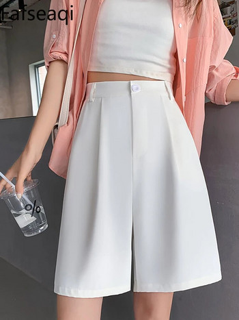 Ροζ κοστούμι Γυναικείο Σορτς Καλοκαίρι 2024 Ψηλόμεση Φαρδύ καθημερινό παντελόνι Κορεατικής Βερμούδας Λευκό σορτς γραφείου Φούστα Y2k Culottes Baggy