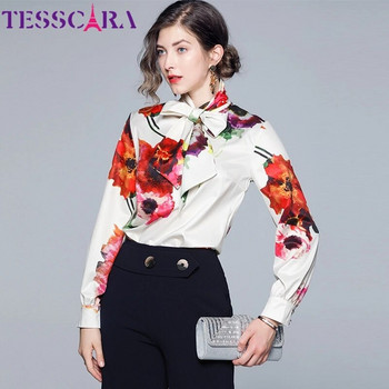 TESSCARA Дамска пролетна елегантна блуза с флорален принт Риза Женска модна дизайнерска риза с лък Офис парти риза Топ Дамски топове Блузи
