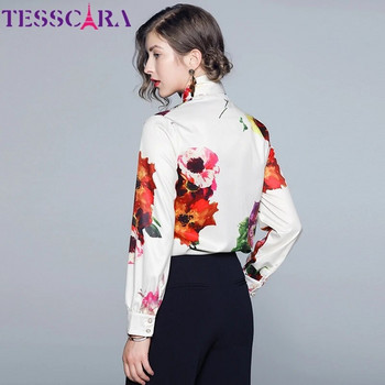 TESSCARA Γυναικεία ανοιξιάτικη κομψή μπλούζα με λουλουδάτο στάμπα πουκάμισο Γυναικείο φιόγκο μόδας Σχεδιαστής γραφείου πάρτι Chemise Top γυναικεία μπλούζες μπλούζες