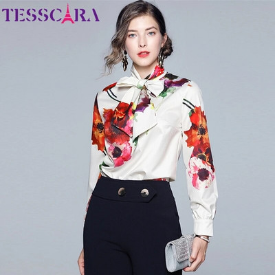 TESSCARA Дамска пролетна елегантна блуза с флорален принт Риза Женска модна дизайнерска риза с лък Офис парти риза Топ Дамски топове Блузи