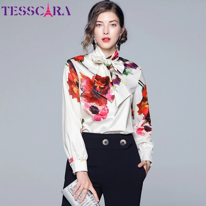TESSCARA Ženska proljetna elegantna bluza s cvjetnim printom Košulja Ženska modna mašna Dizajnerska uredska majica za zabavu Top Ženske majice Bluze