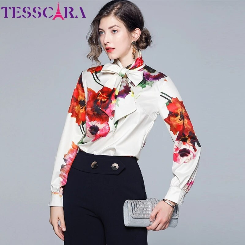 TESSCARA Ženska proljetna elegantna bluza s cvjetnim printom Košulja Ženska modna mašna Dizajnerska uredska majica za zabavu Top Ženske majice Bluze