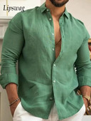 Egyszínű pamut vászon sima ing Férfi Klasszikus gombos hajtóka hosszú ujjú ingek Tavaszi őszi divat Laza férfi felsőingek