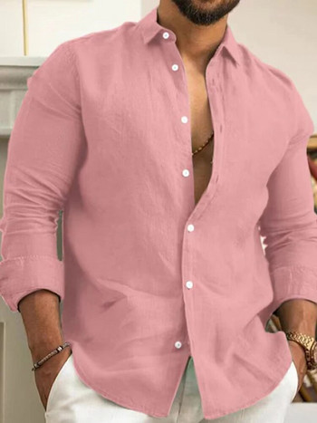 Едноцветна памучна ленена обикновена риза Мъжки класически ризи с копчета с ревери с дълъг ръкав Пролет Есен Модни свободни мъжки горни ризи