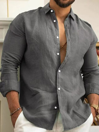 Egyszínű pamut vászon sima ing Férfi Klasszikus gombos hajtóka hosszú ujjú ingek Tavaszi őszi divat Laza férfi felsőingek