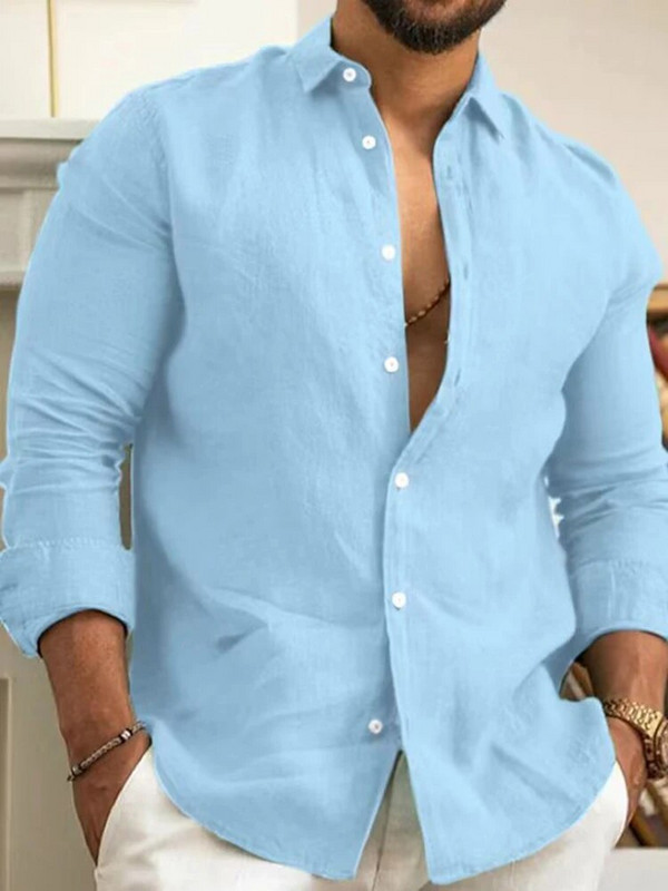 Egyszínű pamut vászon sima ing Férfi Klasszikus gombos hajtóka hosszú ujjú ingek Tavaszi őszi divat Laza férfi felsőingek