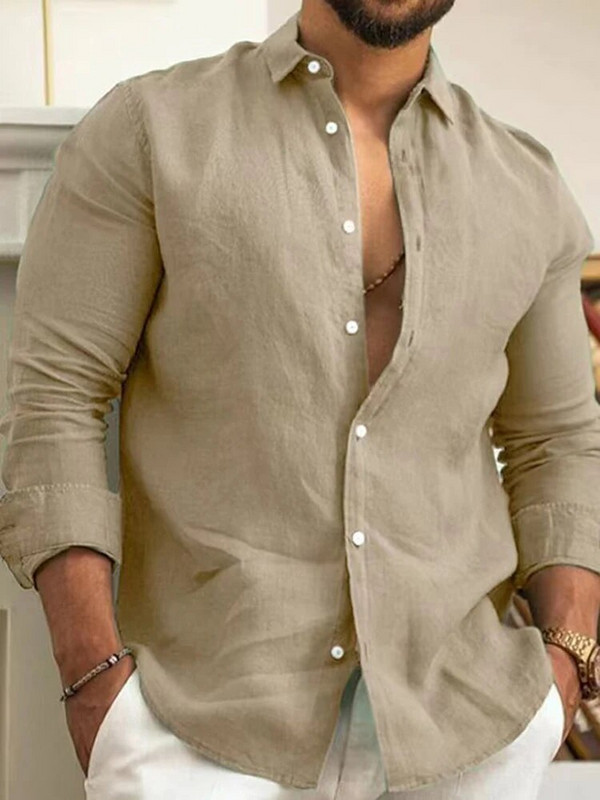 Egyszínű pamut vászon sima ing Férfi Klasszikus gombos hajtóka hosszú ujjú ingek Tavaszi őszi divat Laza férfi felsőingek