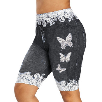 Дънкови къси панталони с голям размер Дамски къси къси панталони с принт на пеперуди от дантела Еластични тесни дънкови шорти за жени, къси женски