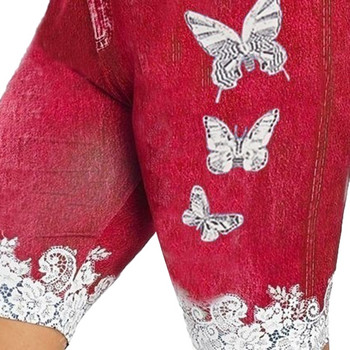 Дънкови къси панталони с голям размер Дамски къси къси панталони с принт на пеперуди от дантела Еластични тесни дънкови шорти за жени, къси женски