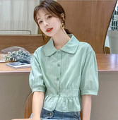 Pamučna bluza kratkih rukava u žutoj/zelenoj boji Ženska spuštena kragna Slatka 2020. Proljetno ljeto Nove ženske košulje Uredske ženske majice