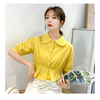 Жълто/зелена памучна блуза с къс ръкав, дамска въртяща се яка, сладка, 2020, нови дамски ризи, дамски офис дамски блузи
