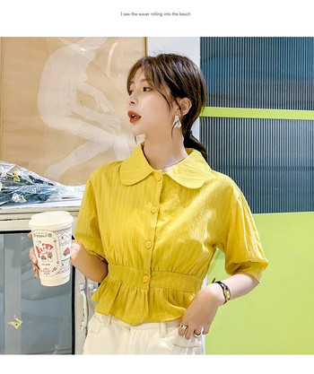 Жълто/зелена памучна блуза с къс ръкав, дамска въртяща се яка, сладка, 2020, нови дамски ризи, дамски офис дамски блузи