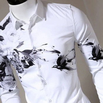 Καλοκαιρινά λευκά ανδρικά πουκάμισα, πουκάμισα με κουμπιά με πέτο, ψηφιακή εκτύπωση Youth trend Bird Δωρεάν σιδέρωμα Λευκά πουκάμισα μακρυμάνικα