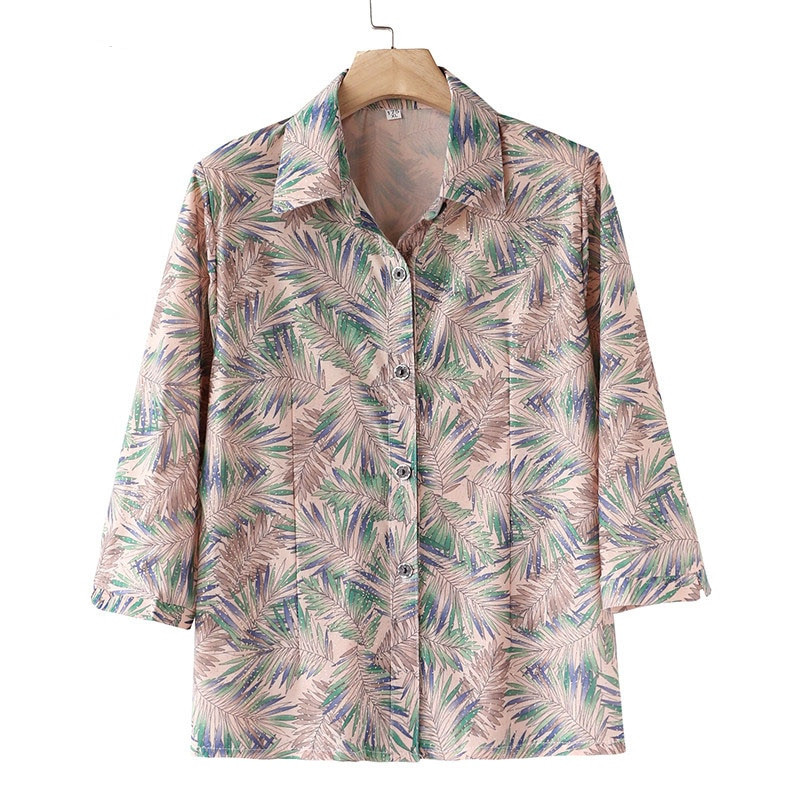 Bluză pentru femei de vârstă mijlocie, vară, nouă, îmbrăcăminte pentru mamă, cu imprimeu din mătase, cămașă din șifon Blusa Feminina Top Cardigan 5XL W2128