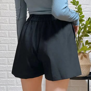 Lucyever Летни черни шорти Дамски корейски модни офис шорти с висока талия Дамски едноцветни улични джобове Ежедневни къси панталони