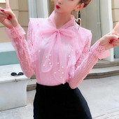Proljeće Jesen Ženska bluza dugih rukava Kravata Mašna Izdubljena čipkasta košulja Ženske slatke mrežaste bluze s perlama Kratki donji dio AB1745