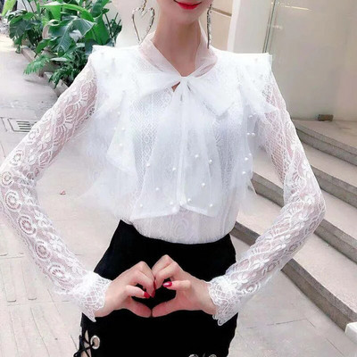 Proljeće Jesen Ženska bluza dugih rukava Kravata Mašna Izdubljena čipkasta košulja Ženske slatke mrežaste bluze s perlama Kratki donji dio AB1745