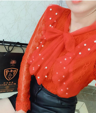 Proljeće Jesen Ženska bluza dugih rukava Kravata Mašna Izdubljena čipkasta košulja Ženske slatke mrežaste bluze s perlama Kratki donji dio AB1745