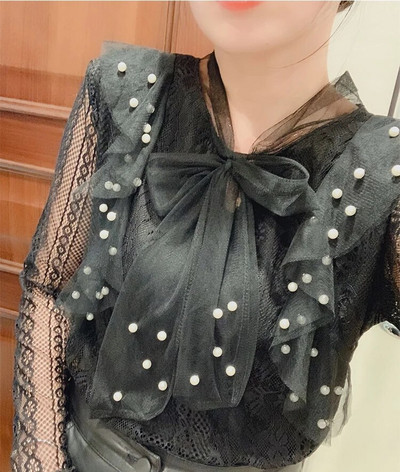 Proljeće Jesen Ženska bluza dugih rukava Kravata Mašna Izdubljena čipkasta košulja Ženske slatke mrežaste bluze s perlama Kratki donji dio AB1745
