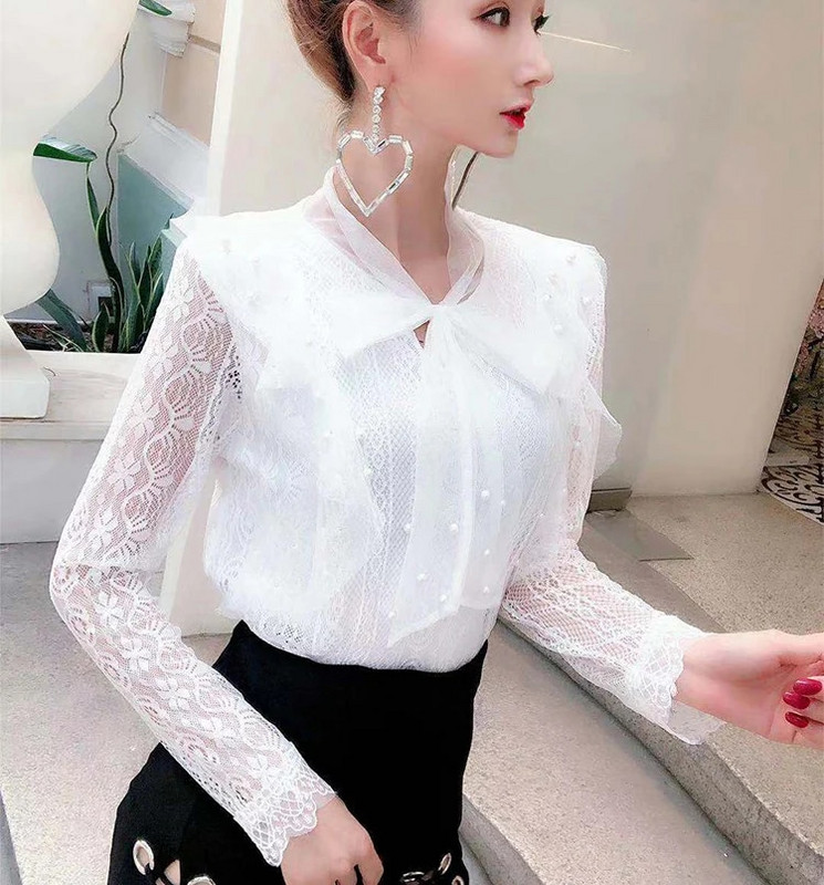 Proljeće Jesen Ženska bluza dugih rukava Kravata Mašna Izdubljena čipkasta košulja Ženske slatke mrežaste bluze s perlama Kratki donji dio AB1745