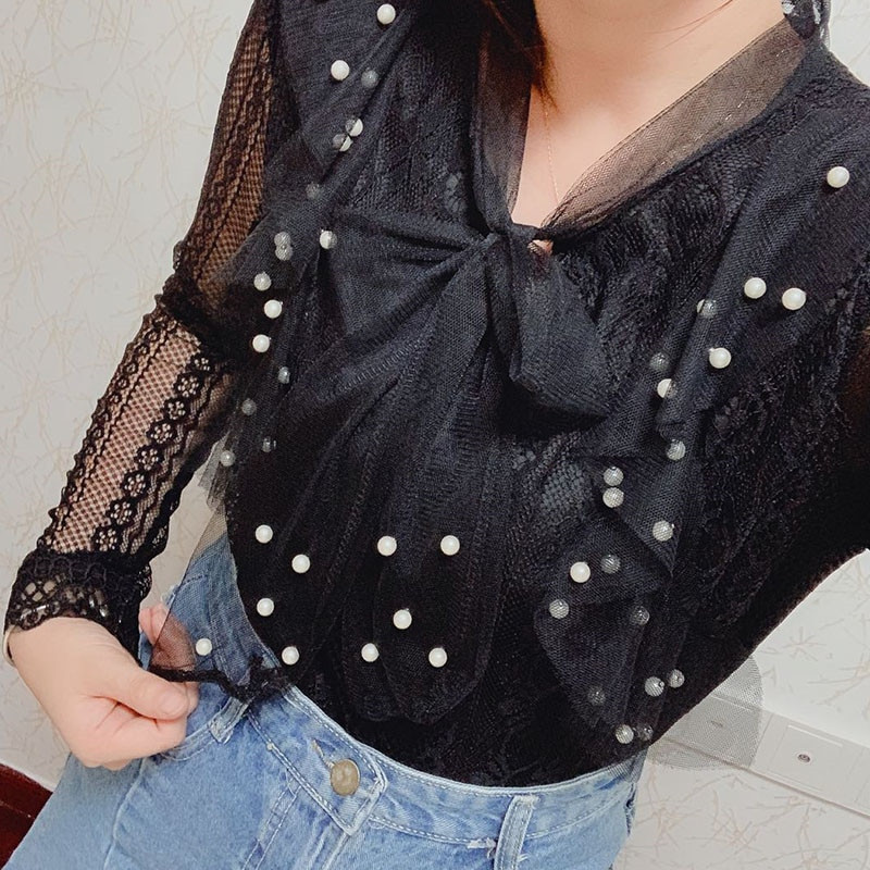 Proljeće Jesen Ženska bluza dugih rukava Kravata Mašna Izdubljena čipkasta košulja Ženske slatke mrežaste bluze s perlama Kratki donji dio AB1745