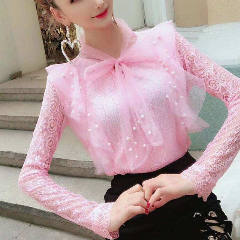 Proljeće Jesen Ženska bluza dugih rukava Kravata Mašna Izdubljena čipkasta košulja Ženske slatke mrežaste bluze s perlama Kratki donji dio AB1745
