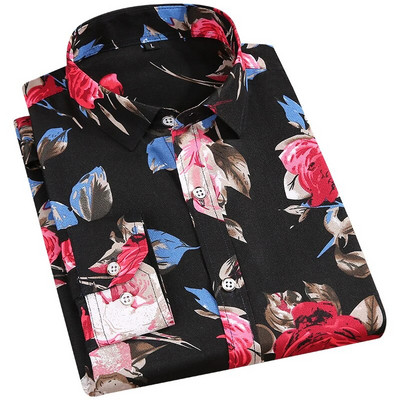 Cămașă ocazională cu mânecă lungă pentru bărbați Cămașă hawaiană subțire pentru tineret cu imprimeu floral Îmbrăcăminte de primăvară toamnă slim Fit Cămașă de plajă