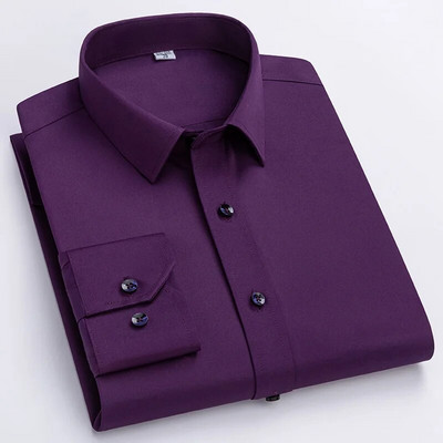 Мъжка модна риза с дълъг ръкав Дизайнерски стил Бизнес Еластична устойчива на бръчки Мека удобна класическа едноцветна лилава