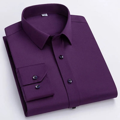 Cămașă cu mânecă lungă pentru bărbați, la modă, stil de designer, pentru afaceri, elastică, rezistentă la riduri, moale, confortabilă, clasică, culoare solidă, violet