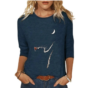 Γυναικεία μπλούζα Top Cat Chasing The Moon Print πουκάμισο Plus Size 5XL Casual Μαύρα πουκάμισα μακριά μανίκια Funny Cartoon Tees Γυναικεία