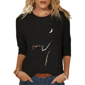 Γυναικεία μπλούζα Top Cat Chasing The Moon Print πουκάμισο Plus Size 5XL Casual Μαύρα πουκάμισα μακριά μανίκια Funny Cartoon Tees Γυναικεία