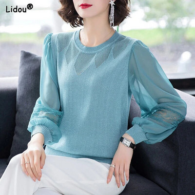 Jednobojne čipkane patchwork izdubljene majice dugih rukava Elegantna ženska odjeća Modna tanka proljeće ljeto ležerna s okruglim izrezom