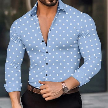 Ανδρικό πουκάμισο της Χαβάης με κουμπιά με μακρυμάνικο πουά πέτο για υπαίθρια ρούχα δρόμου, casual αναπνεύσιμο και άνετο