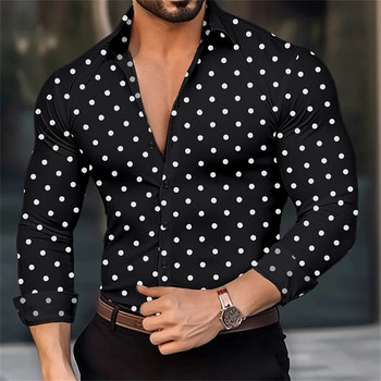 Ανδρικό πουκάμισο της Χαβάης με κουμπιά με μακρυμάνικο πουά πέτο για υπαίθρια ρούχα δρόμου, casual αναπνεύσιμο και άνετο