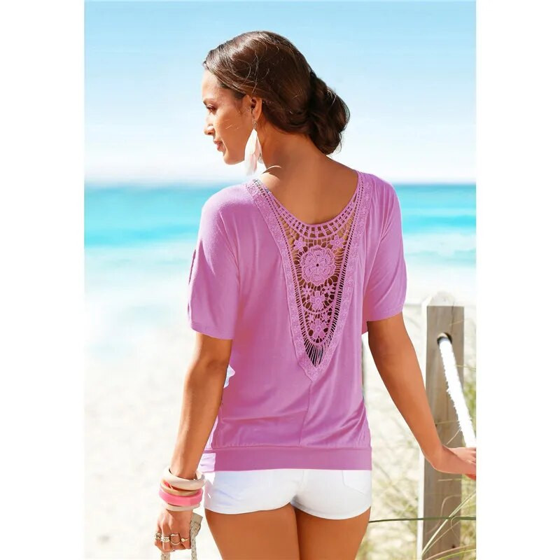 Vasaros moteriškos palaidinės marškiniai nėriniai tuščiaviduriai raudoni juodi laisvalaikio moteriški viršutiniai drabužiai trumpomis rankovėmis Madingi drabužiai Blusas Laisvi moteriški drabužiai