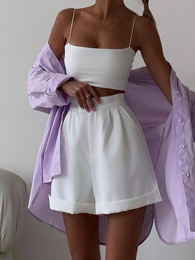 Klasszikus, elegáns női nyári rövidnadrág, magas derekú, fehér, túlméretes, bő kék öltöny, alkalmi fekete, széles lábú rövidnadrág nőknek 2023