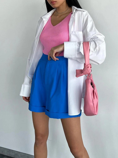 Klasszikus, elegáns női nyári rövidnadrág, magas derekú, fehér, túlméretes, bő kék öltöny, alkalmi fekete, széles lábú rövidnadrág nőknek 2023