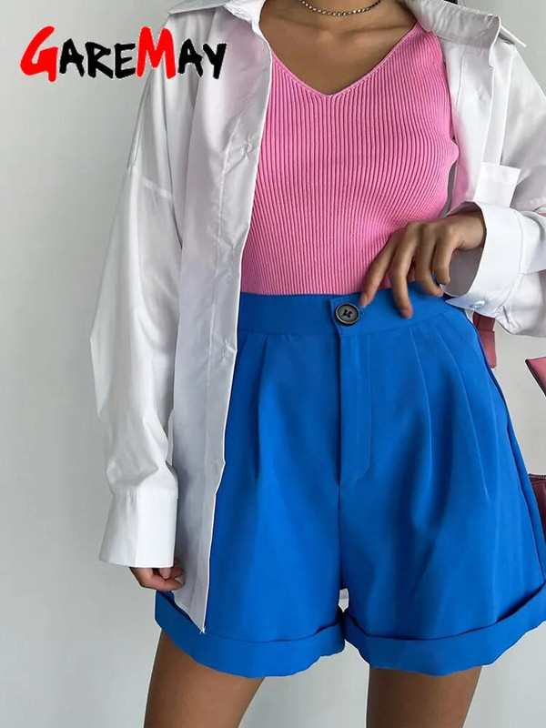 Klasszikus, elegáns női nyári rövidnadrág, magas derekú, fehér, túlméretes, bő kék öltöny, alkalmi fekete, széles lábú rövidnadrág nőknek 2023