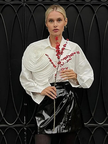 Дамски едноцветни пролетни есенни ризи 3D цветя Винтидж модни горнища с отложна яка Елегантни сладки женски офис блузи с дълги ръкави