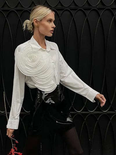 Cămăși solide de primăvară de toamnă pentru femei, cu flori 3D, la modă vintage, cu guler răsturnat Top, elegant, dulce, pentru birou, bluze cu mâneci lungi