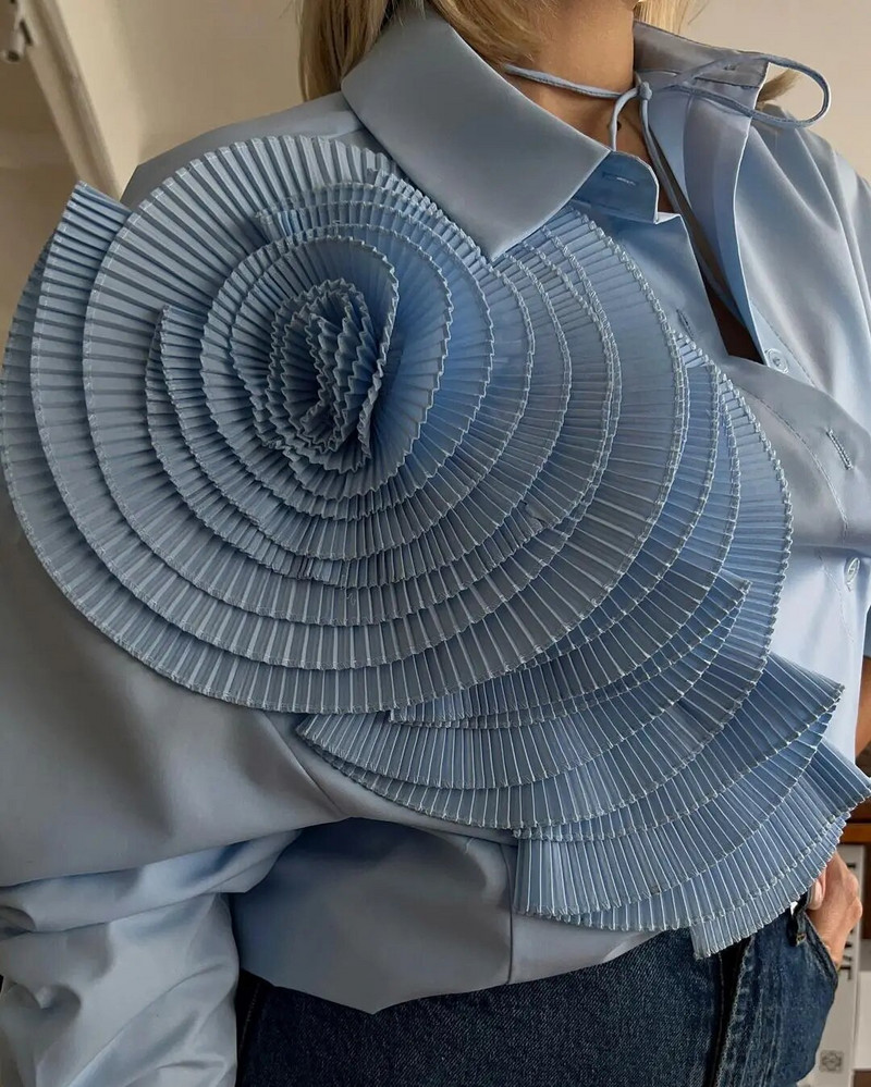 Moteriški solidūs pavasario rudens marškiniai 3D gėlių vintažinės mados apykaklė Viršutinė elegantiška, miela moteriška biuro palaidinės ilgomis rankovėmis