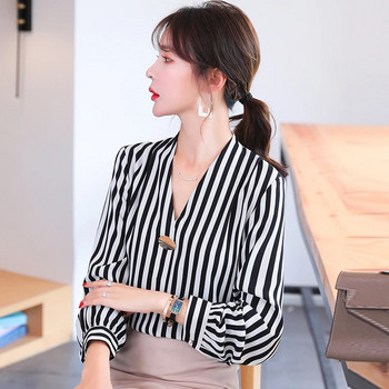 Casual μαύρο ριγέ πουκάμισο γυναικεία μπλούζα με μακρύ μανίκι V-λαιμόκοψη πουκάμισο σιφόν μόδας Κορεάτικες κυρίες βασικές OL πουκάμισο εργασίας γυναικεία μπλουζάκια