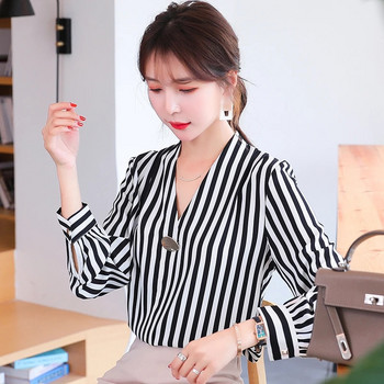 Ежедневна черна раирана риза, дамска блуза с дълъг ръкав, шифонена риза с V-образно деколте, модна корейска дамска основна работна риза, дамски топове
